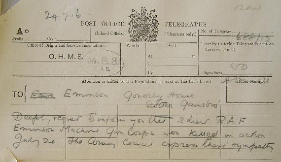 The telegram to Second Lieutenant Eminson's parents informing him of his death